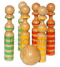 Set of 6 wooden multicolors lacquered skittles and natual wood bowl 