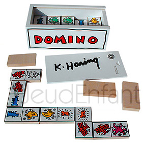 boîte avec 28 dominos blancs KEITH HARING en bois massif